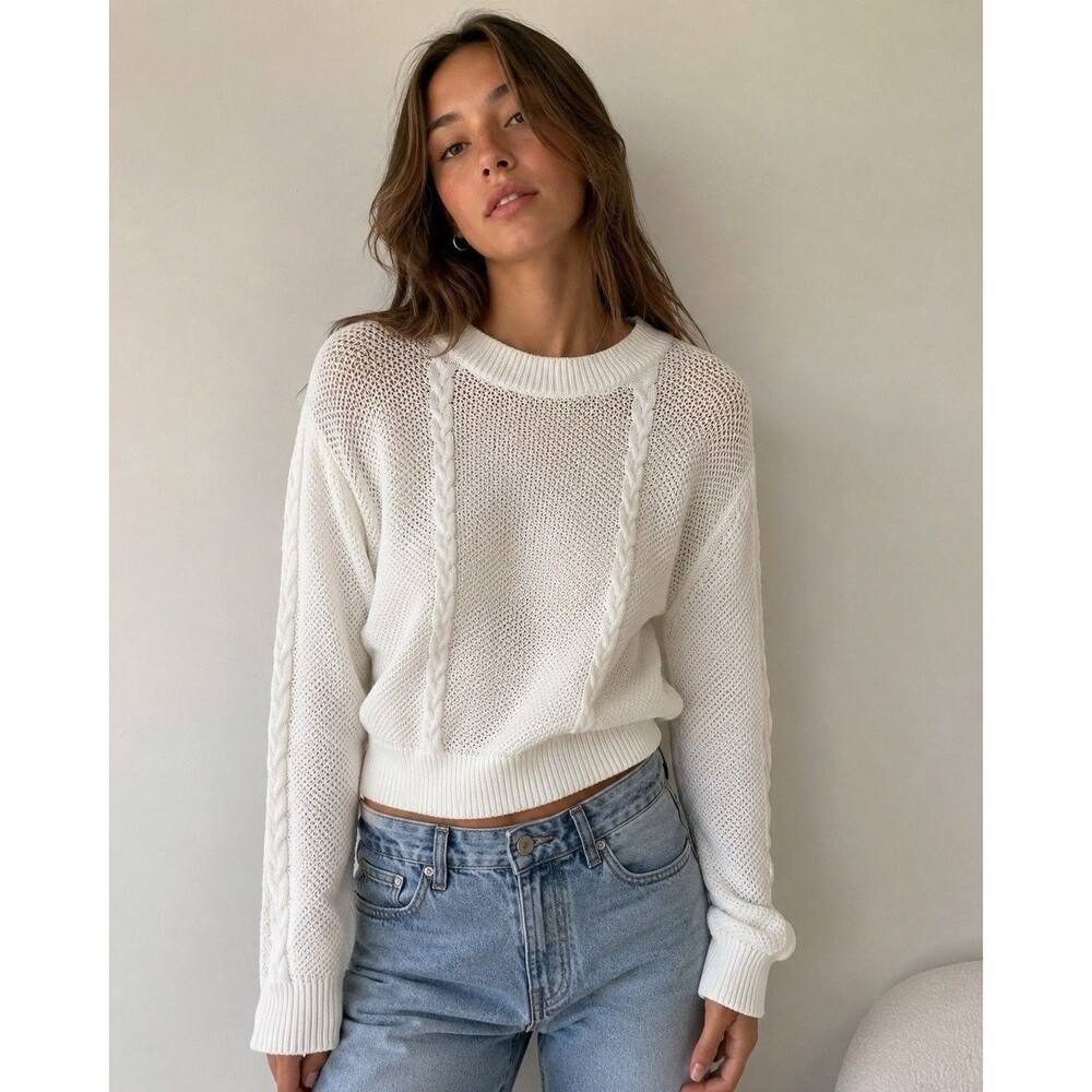 Margaret O’Leary Sweater Womens M White Organic Cotton Open Knit Cable Beach